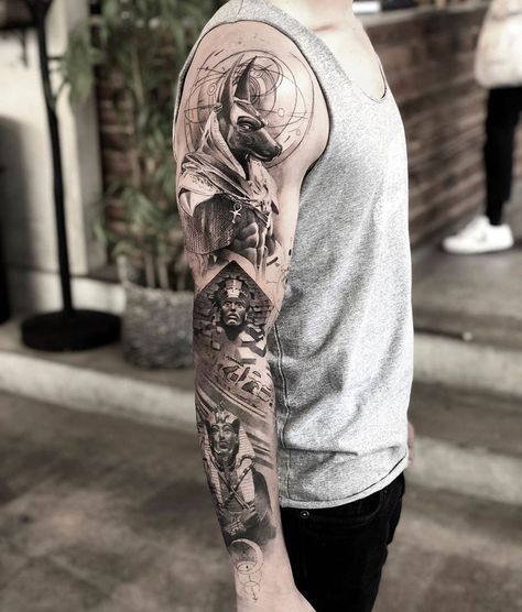 Egyptian Sleeve, Egypt Tattoo Design, Pyramid Tattoo, Tatoo 3d, Egyptian Tattoo Sleeve, Anubis Tattoo, Egypt Tattoo, Theme Tattoo, Bicep Tattoo