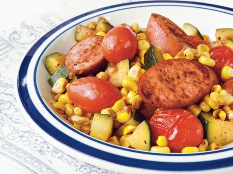 Sausage and Vegetable Skillet Sausage And Vegetable Skillet, Turkey Kielbasa Recipes, Turkey Kielbasa, Vegetable Skillet, Skillet Dinner Recipes, Kielbasa Recipes, Betty Crocker Recipes, Weight Watcher Dinners, One Dish Dinners