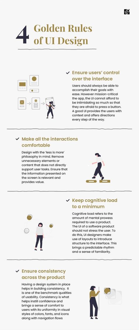 The 4 golden rules of UI design have been derived from standard visual design principles and are fundamental to designing user-friendly interfaces. Good UI design is centered upon making the users feel at ease, and these rules ensure that your interface is simple, effective, and a pleasure to use for everyone. Read our blog to learn about the application of these 4 golden rules in detail. 🔖 Follow Koru UX Design for regular UX insights! Good Ux Design Examples, Ux Laws, Visual Design Principles, Graphic Design Rules, Ux Principles, Ui Ux Design Course, Ui Ux Design Trends, Business Learning, Learn Ux Design