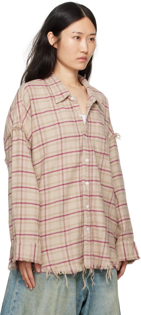 Oversized cotton flannel shirt. Check pattern and frayed edges throughout. · Spread collar · Button closure · Patch pocket · Droptail hem · Dropped shoulders · Single-button barrel cuffs Supplier color: Overdyed ecru/Pink plaid Women Flannel Shirt, Pink Flannel, Womens Flannel Shirt, Tassels Fashion, Pink Plaid, Pinky Ring, Check Pattern, Cotton Flannel, Raw Edge