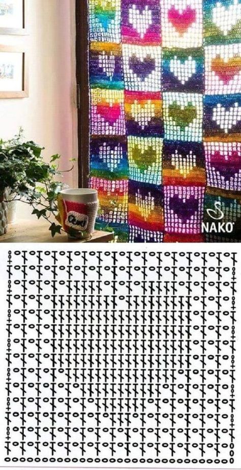 Projek Mengait, Crochet Heart Blanket, Crochet Heart Pattern, Crocheted Blanket, Crochet Curtains, Crochet Blocks, Pola Kristik, Pola Sulam, Haken Baby