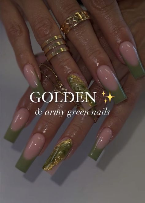 Simple Olive Green Nails, Army Green Nails, Olive Green Nails, The Claw, Prom Nails, Gold Nails, Green Nails, Long Nails, Nail Ideas