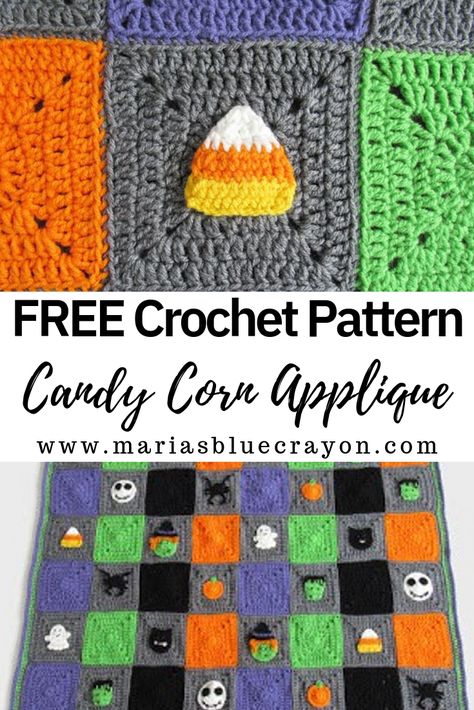 Crochet candy corn applique pattern. Can be made alone or as part of the Halloween Blanket. Free pattern and video tutorial on Maria's Blue Crayon blog. #crochet #candycorn #fall #halloween Crochet Candy Corn Applique Free Pattern, Candy Corn Applique, Candy Corn Blanket Crochet, Crochet Candy Corn Applique, Crochet Candy Corn Granny Square, Itkenken1 Free Crochet Patterns, Spooky Crochet Granny Square, Candy Corn Granny Square, Crochet Halloween Applique Patterns Free