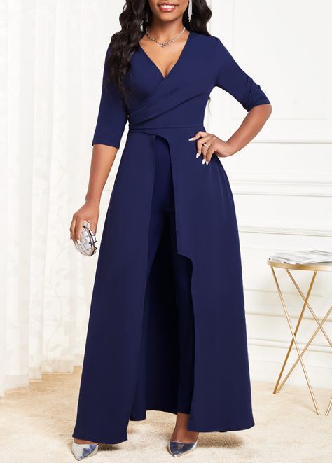 ROTITA Asymmetric Hem Navy V Neck Jumpsuit | Rotita.com - USD $44.98 Blue Dress Outfit Wedding, Navy Blue Dress Outfit Wedding, Navy Blue Dress Outfit, Classy Style Outfits, V Neck Jumpsuit, Evening Cocktail Party, Jumpsuits And Rompers, Classy Style, Mother Teresa