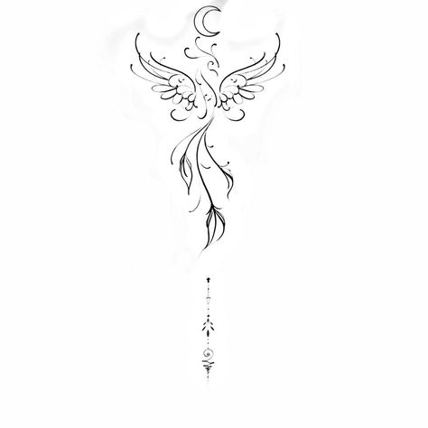 Feminine Delicate Tattoos, Fenix Tattoo Woman Back, Sternum Phoenix Tattoo, Phoenix Unalome Tattoo, Phoenix Moon Tattoo, Phoenix Rising Tattoo Feminine, Phoenix Sternum Tattoo Women, Dainty Phoenix Tattoo, Rising Phoenix Tattoo Feminine Arm