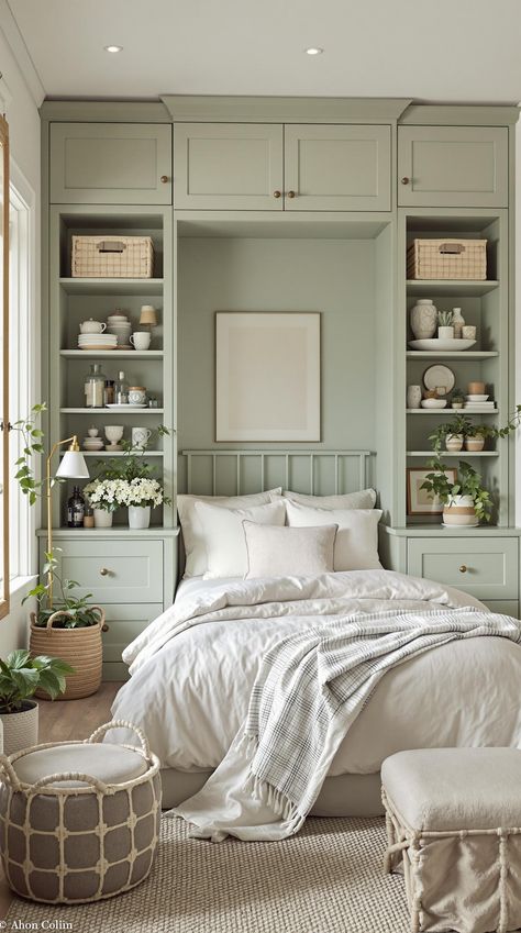 Sage Green Farmhouse Bedroom Tiny Bedroom Decor, Sage Green Farmhouse Bedroom, Green Farmhouse Bedroom, Sage Green Farmhouse, Spare Bedroom Ideas, Design A Bedroom, Green Farmhouse, Farmhouse Bedroom Ideas, Bedroom Decor For Couples