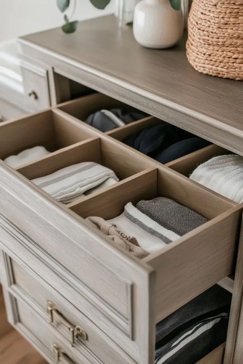 Organize your bedroom with these clever dresser dividers! Discover how simple and effective it is to create your own dividers using everyday items. Perfect for maximizing space, this guide covers various methods to add functionality to your dresser drawer. Whether it's for clothes, accessories, or keeping socks separated, our creative ideas help keep everything in order. Use cardboard, wood, or even old containers to customize your solution for an organized bedroom. Say goodbye to clutter and hello to efficient storage in just a few easy steps! Drawer Dividers For Clothes, Dresser Clothes Organization, Dresser Dividers, Dresser Top Organization, Mens Dresser, Organized Bedroom, Office Dividers, Sock Organization, Dresser Top