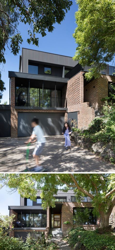 This renovated house has used bricks were salvaged during the demolition to create hit-and-miss brickwork that added privacy for the entryway and blocked off the view into the house from the street. Brown Brick House Exterior, Brown Brick Houses, Australian Houses, Brick Homes, Melbourne Home, Brown Brick, Modern Renovation, Outside House, House Facades