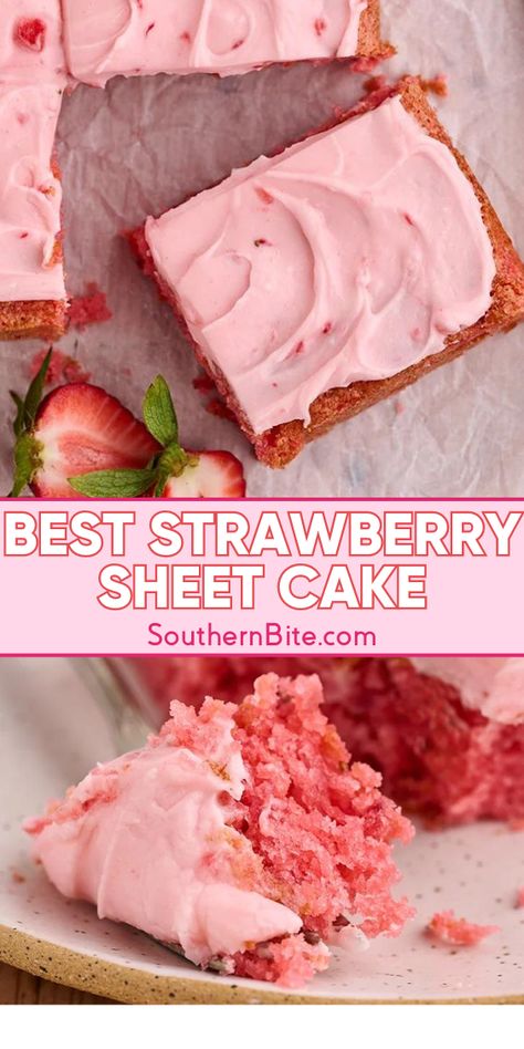 This easy sheet cake version of a fresh strawberry cake with strawberry cream cheese icing is honestly my favorite strawberry cake ever! Strawberry Sheetcake Cake Recipe, Fresh Strawberry Sheet Cake, Best Strawberry Sheet Cake, Strawberry Snack Cake, Strawberry Cake Cream Cheese Icing, Strawberry Cake Sheet Pan, Adding Strawberries To Box Cake, Strawberry Nut Cake, Strawberry Cake With Frosting