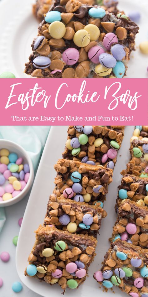 EASY M&M Easter Cookie Bars are the perfect dessert for Easter. Colorful, bright, and delicious down to the last crumbs. Make these cookie bars today. #cookiebar #Easter #dessert #easy #potluck #layeredbars #magicbars Easter Dessert Easy, Easter Cookie Bars, Easter Bars, Dessert For Easter, Snacks Chocolate, Easy Easter Recipes, Easy Potluck, Magic Cookie Bars, Easter Snacks