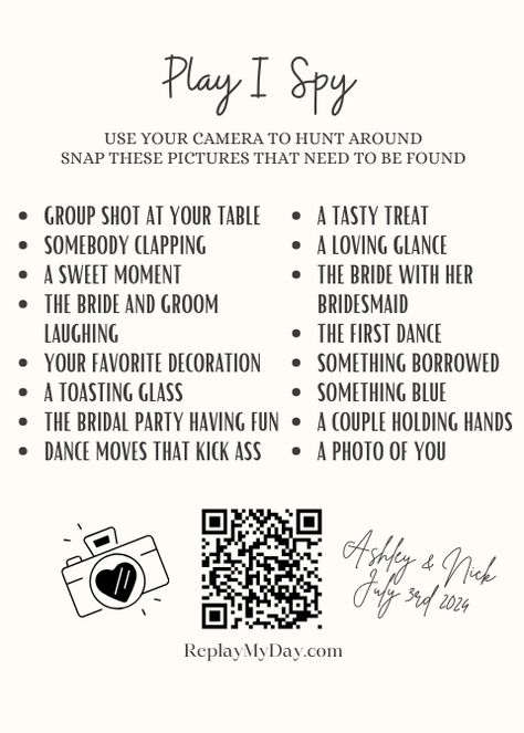 Embark on a scavenger hunt of love! Explore our wedding wonderland, snap photos of hidden treasures, and share them with the bride and groom to unlock cherished memories Bride And Groom Party Ideas, Scavenger Hunt Wedding Reception, Fun Wedding Add Ons, Wedding Indoor Activities, Wedding Photo Scavenger Hunt Printable, Wedding Scavenger Hunt Photos, Wedding Reception Games For Bride And Groom, Wedding I Spy Printable Free, Photo Scavenger Hunt Wedding