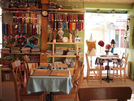 10 Inspiring Cafés Around the World (A café/Yarn Shop in Paris! A 5-seat coffee shop with a single one-bedroom hotel room above in Copenhagen!) Unique Cafe, Cute Coffee Shop, Messy Nessy Chic, Yarn Storage, Paris Shopping, Yarn Store, Wool Shop, Bedroom Hotel, Design Industrial