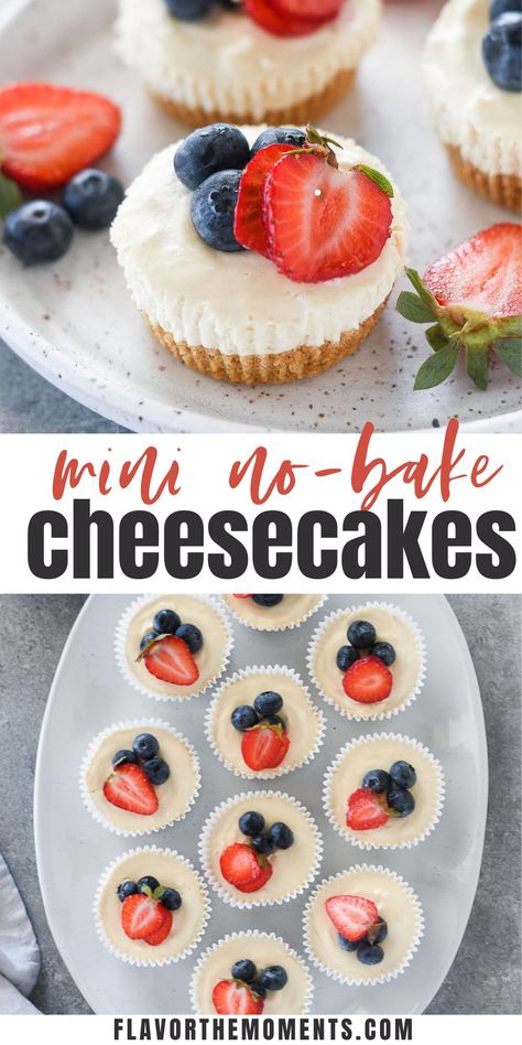 Mini No Bake Cheesecakes have a no bake graham cracker crust and a fluffy cheesecake mousse filling that takes minutes to make. Top them with your favorite fruit for a delicious, easy dessert! #cheesecake #nobakedessert #easyrecipes Non Bake Mini Cheesecake, Cupcake Cheesecake Recipes No Bake, Mini Sweets For Parties, Small Cheesecake Recipe No Bake, Mini Cheese Cakes Recipes Easy No Bake, Easy Cheesecake Cups No Bake, No Bake Cheesecake Muffins, Mini Nobake Cheesecake, Mini Cheesecake Cups No Bake