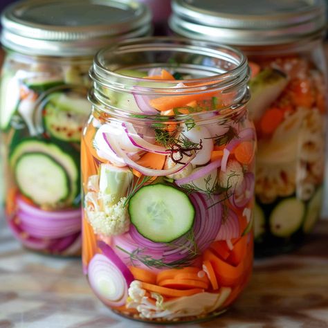 Canning Spicy Pickles, Refrigerator Pickled Vegetables, Pickled Veggies Recipe, Homemade Refrigerator Pickles, Pickled Pepperoncini, Pickled Vegetables Recipe, Pickled Green Beans, Pickled Cauliflower, Carrot Slaw