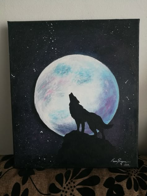 Wolf howling at the moon. Acrylic painting on canvas. #wolf #moon #acrylic #painting #fullmoon Howling Wolf Painting, Wolf Moon Painting, Wolf Moon Watercolor, Wolf And Moon Painting, Painting Ideas On Canvas Intermediate, Wolf Howling At The Moon Painting, Simple Wolf Painting, Wolf And Moon Drawing, Easy Wolf Painting