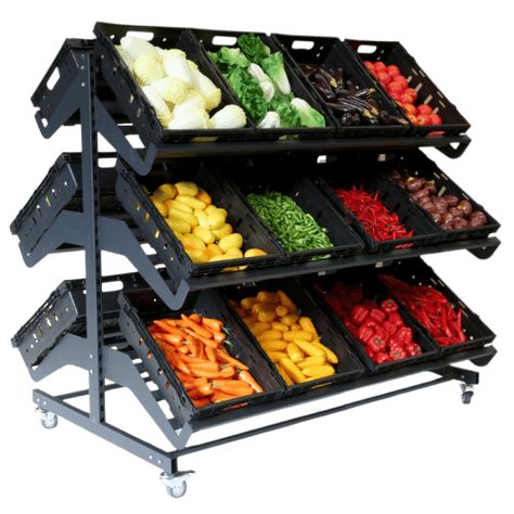 Double Sided Mobile Fruit and Vegetable Display | 1600mm Fruit And Vegetable Display, Vegetable Trays, Fruit Vendor, Vegetable Display, Fruit And Veg Shop, Vegetable Rack, Pallet Home Decor, Vegetable Stand, Vegetable Crates