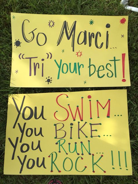 Kid's triathlon cheering signs Signs For Triathlons, Ironman Signs, Ironman Signs Funny, Triathlon Signs Funny, Race Signs Funny, Triathlon Poster, Triathlon Poster Ideas, Ironman Race Poster Ideas, Triathlon Signs