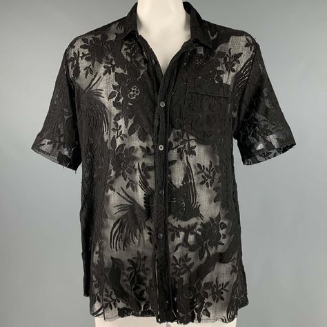 By Walid Short Sleeve Shirt In A Black Cotton Lace Featuring A Sheer Style, Spread Collar, One Pocket, And A Button Closure. Made In England.New With Tags. Marked: L Measurements: Shoulder: 19 Inches Chest: 51 Inches Sleeve: 10 Inches Length: 34 Inches Sui Generis Reference: 128452 Category: Short Sleeve Shirt More Details Brand: By Walid Size: L Gender: Male Color: Black Pattern: Lace Fabric: Cotton Style: Button Up Condition: 1. New Wtih Tags Age Group: Adult Sui Generis Designer Consignment I Lace Scarf Outfit, Steampunk Setting, Masculine Shirts, Outfit Planning, By Walid, Resale Store, Scarf Outfit, Outfit Plan, Sheer Fashion