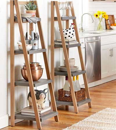 Ladder Shelving Ideas, Farmhouse Latter Shelf, Ladder Style Shelf, Ladder Shelf In Kitchen, Latter Book Shelf, Ladder Shelves Bedroom, Ladder Shelf Kitchen, Kitchen Stand Shelf, Diy Standing Shelf