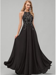 Sheath/Column Scoop Neck Floor-Length Chiffon Lace Evening Dress With Sequins (017271455) - JJ's House Halterneck Prom Dress, A Line Evening Dress, Floor Length Prom Dresses, Mother Of Groom Dresses, Sequin Prom Dress, Chiffon Evening Dresses, Dresses Chiffon, Sequin Prom Dresses, A Line Prom Dresses