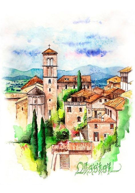 Town Drawing, Gallery Illustration, Sketch Beautiful, Beautiful Pencil Drawings, Watercolor City, Paint Drawing, Watercolor Architecture, City Drawing, Vampire Art