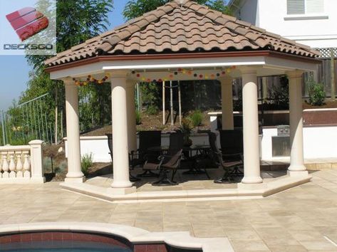 Tiled Roof Structure Raised Gazebo Ideas, Gazebo Attached To House, Concrete Gazebo, Octagon Gazebo, Arizona Backyard, Roman House, Gazebo Roof, Gazebo Plans, Garden Water Fountains