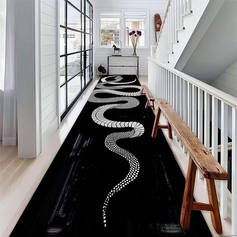 Amazon.com: Snake Runner Rug, Black Boa Flower and Arrow Design Rugs with Moon Stars and White Spots on Body, Modern Non-Slip Washable Large Area White Hallway Long Carpets for Living Room Bedroom… (8, 2x7ft) : Home & Kitchen Dark Maximalism, Office Yoga Room, Flower Arrow, Runner Rug Black, Hallway Long, Black Hallway, White Hallway, Live Room, Room Boys