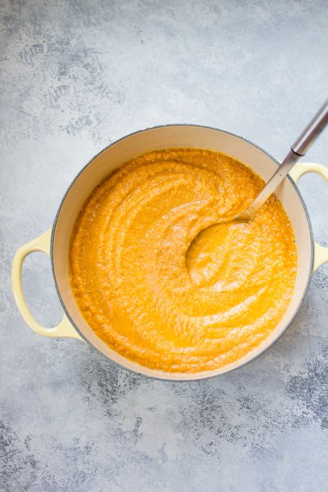 This vegan pumpkin and red lentil soup is hearty, healthy, and comforting. A delicious fall soup idea! Baby Pasta Sauce, Pumpkin Lentil Soup, Baby Pasta, Simple Spinach Salad, Butternut Squash Pasta Sauce, Balsamic Brussel Sprouts, Perfect Baked Potato, Butternut Squash Pasta, Fall Soup