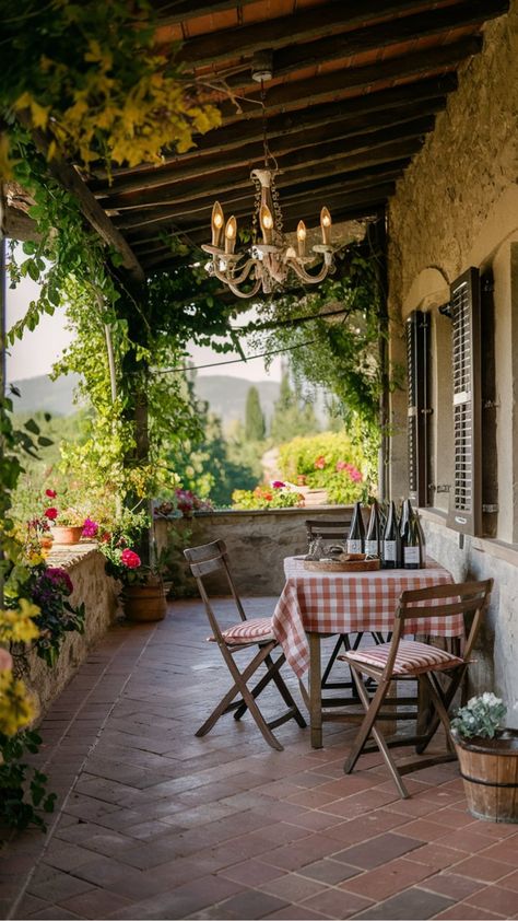 Relaxing Tuscany-Inspired Rustic Patio with Cozy Seating Tuscany Architecture Tuscan Style, Tuscany Inspired Backyard, Rv Enclosures, Tuscan Outdoor Patio, Tuscan Patio, Italian Country Home, Tuscany Home, Mediterranean Patio, Italy Decor