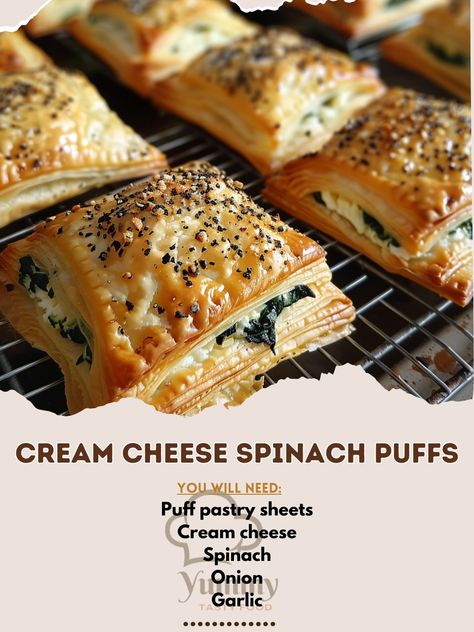 🌱🧀 Cream Cheese Spinach Puffs, your new favorite snack! Fluffy, cheesy, and packed with greens! #SnackAttack Cream Cheese Spinach Puffs Ingredients: Puff pastry sheets (1 package (400 g)) Cream cheese, softened (1 cup (225 g)) Spinach, cooked and drained (1 cup (150 g)) Onion, finely chopped (1/2 cup (75 g)) Garlic, minced (1 tsp (5 g)) Egg, beaten (1 for egg wash) Salt and pepper to taste Instructions: Mix cream cheese, spinach, onion, garlic, salt, and pepper. Cut puff pastry into squar... Spinach Cooked, Spinach Puffs, Cream Cheese Puffs, Cream Cheese Puff Pastry, Tomato Tart Recipe, Cream Cheese Spinach, Spinach Puff, Cream Puff Recipe, Cheese Spinach