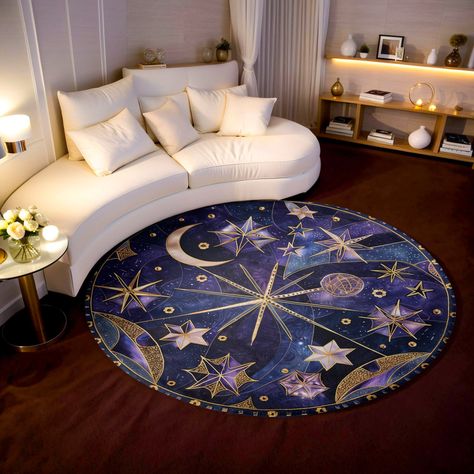 Introducing our exquisite Round Celestial Art Deco Rug - a perfect blend of vintage charm and celestial beauty that will elevate your home decor. This stunning rug features an intricate Art Deco design adorned with moons and stars, rendered in rich shades of purple, blue, and gold. The sophisticated pattern and vibrant colors create a luxurious and enchanting look that will transform any room into a stylish sanctuary. Crafted from high-quality polyester, its resilient construction makes it ideal Spacecore Bedroom, Moon Room Aesthetic, Space Aesthetic Room, Celestial Living Room, Blue And Gold Room, Celestial Room Aesthetic, Celestial Bedroom Decor, Space Room Decor, Celestial Room