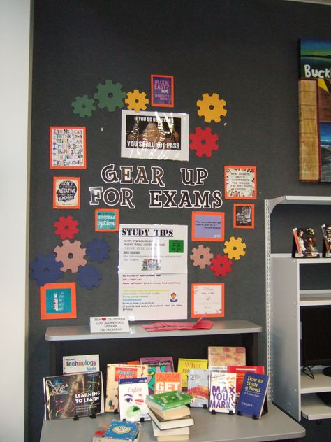 Gear up for exams (Macleans College) College Library Displays, Display Board Ideas, Stem Display, Library Display, College Library, Class Decor, Board Decoration, Library Displays, Class Decoration