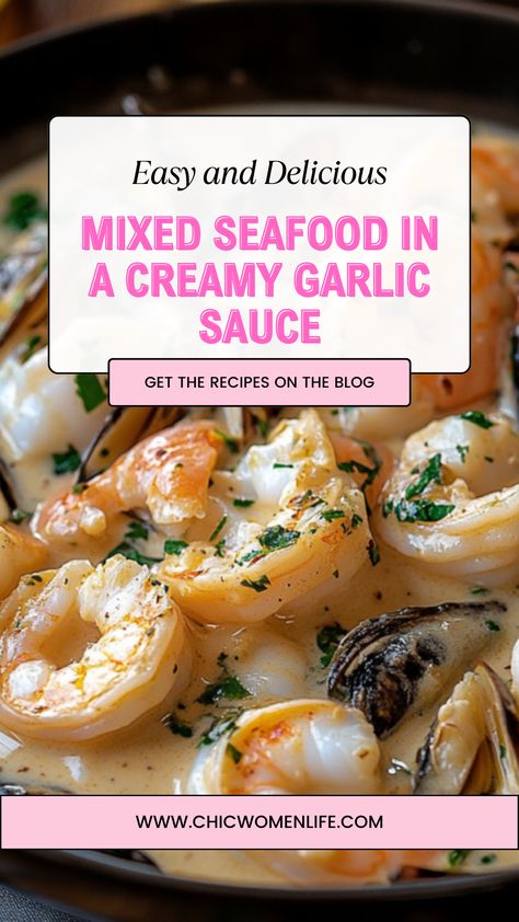 Mixed Seafood in a Creamy Garlic Sauce Seafood In White Wine Sauce, White Sauce For Seafood, Creamy Garlic Sauce For Seafood, Seafood Melody Recipes, Seafood Recipes Sauce, White Seafood Sauce, Seafood Garlic Butter Sauce, Aldi Seafood Mix Recipes, Seafood Mix Pasta Recipe