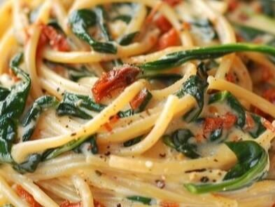 Savor the Flavor: Spinach Spaghetti with Tangy Sun-Dried Tomato Cream Sauce Recipe - NewsBreak Spaghetti And Spinach, Spaghetti Spinach, Spinach Spaghetti, Sausage And Potatoes Skillet, Spaghetti With Spinach, Cream Sauce Recipe, Tomato Cream Sauce, Stromboli Recipe, Broccoli Cheese Soup Recipes