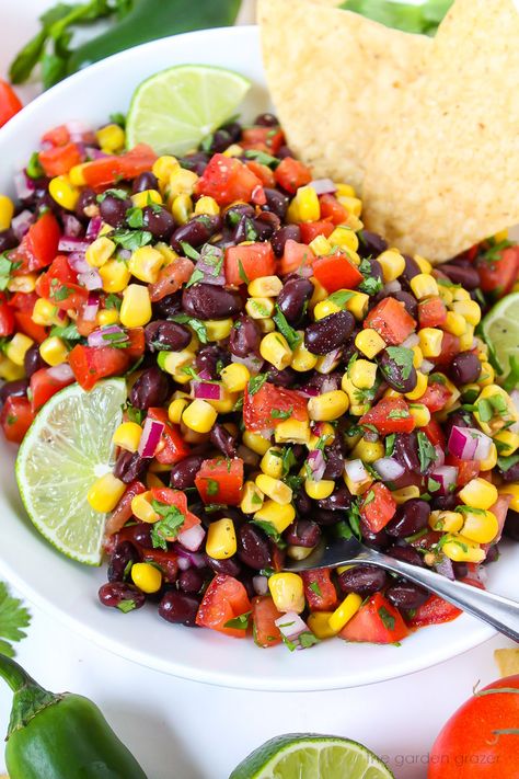 Black Bean Salsa (Easy!) Bean Corn Salsa, Vegan Dip Recipes, Black Bean Salsa Recipe, Cooking Sweet Corn, Bean Salsa Recipe, Salsa Easy, Garden Grazer, Corn Bean Salsa, Black Bean Salad Recipe