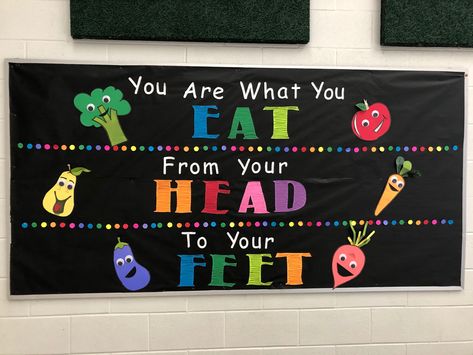 Healthy Habits Bulletin Board Ideas, Food Themed Bulletin Boards, Healthy Eating Bulletin Board, School Cafeteria Bulletin Board Ideas, Myplate Activities, Healthy Food Bulletin Board, Food Bulletin Board Ideas, Lunch Bulletin Board, Lunch Room Bulletin Board Ideas