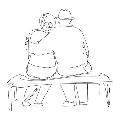 Old Couple Tattoo, Elderly Couple Drawing, Old Love Drawing, Old Couple Doodle, Line Art Design Couple, Old Couple Drawing, Old Couple Art, Old People Art, Old Couple Illustration