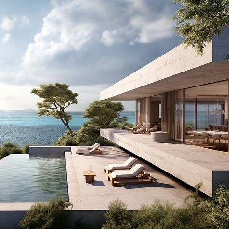 Design explorations of a home where the ocean breeze greets you every morning? 🏖️ Designing contemporary terraced villas in front of the sea offers a perfect fusion of luxury, modernity, and nature.
The villa is designed to maximize ocean views, providing stunning panoramas from every room. 🌅🏠
Expansive glass walls and sliding doors blur the line between indoors and outdoors. 🌿🏡 House In Front Of The Sea, Outdoor Sunbed, Modern Terrace House, Croquis Architecture, Ocean Front Homes, Australia House, Modern Balcony, Beachfront Home, Greek House