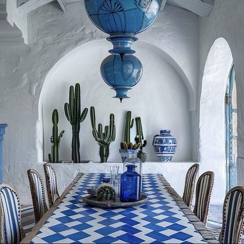 Spanish Style Interior Design, Moroccan Dining Room, Greek Style Home, Moroccan Dining, Bedroom Balcony Decor, Spanish Interior Design, Spanish Interior, Modern Living Room Interior, Blue White Decor