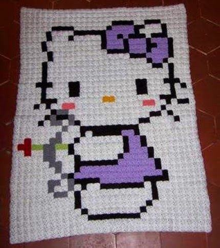 Pixel Hello Kitty, Crochet Blanket Diagram, Pixel Crochet Blanket, Kat Haken, Corner Crochet, Hello Kitty Blanket, Hello Kitty Crochet, Hello Kitty Baby, Crocheted Blanket