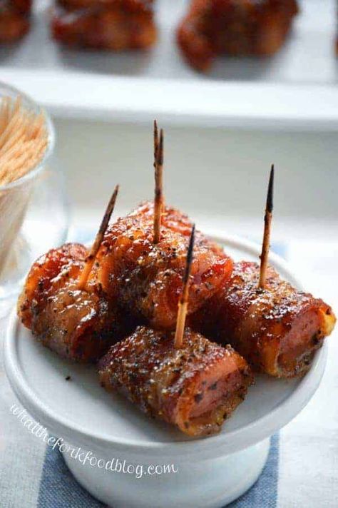 Bacon Wrapped Kielbasa Bites with Brown Sugar Glaze Bacon Wrapped Kielbasa Bites, Bacon Wrapped Kielbasa, Kielbasa Bites, Gluten Free Appetizers, Pork Chicken, Brown Sugar Glaze, Sugar Glaze, Amazing Appetizers, Kielbasa