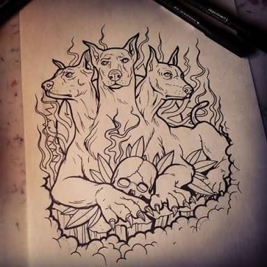 Cerberus Puppy Tattoo, Cerebus Dog Drawing, 3 Headed Dog Tattoo Greek, Cerberus Drawing Sketch, Persephone And Cerberus Tattoo, Cerberus Tattoo Design Greek Mythology, Cerberus Painting, Cerberus Tattoo Traditional, Cerebus Dog Greek Mythology