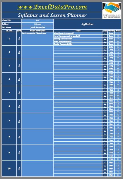 Syllabus and Lesson Planner is a simple and ready-to-use excel template which enables a teacher to plan month-wise syllabus for the whole academic year for a particular subject. It has been designed in such a way that it helps you to create a blueprint for classroom explanation of each chapter as well as each topic of the chapter leading to effective teaching. The post Download Syllabus And Lesson Planner Excel Template appeared first on ExcelDataPro. Syllabus Planner, Excel Accounting, Lesson Planner Template, Organized Planner, Syllabus Template, School Planning, School Report Card, Certificate Of Completion Template, Attendance Sheet