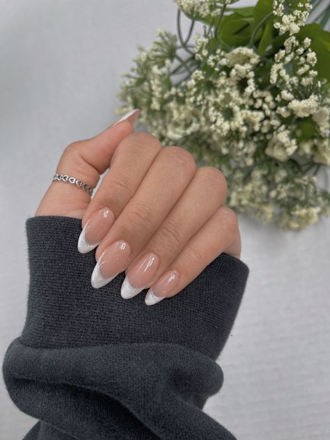 French Tip Nails Sparkly White, White Shimmer French Tips, Sparkly White French Tip Nails Almond, Sparkly White Tip Nails, White French Tip With Sparkle Line, White French Tip Nails With Sparkles, Grad Nail Ideas White, White Sparkle French Tip Nails Almond, White French Glitter Nails