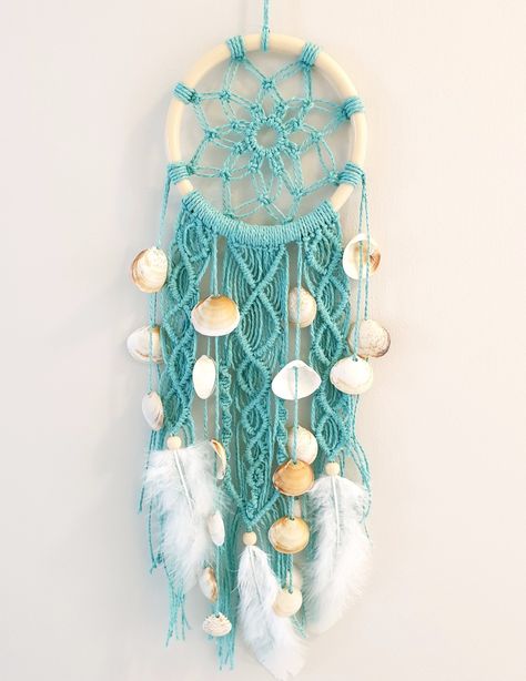 Aquamarine/turquoise coloured 1mm macrame cord with hand collected seashells from Western Australian beaches, with white feathers. Seashell Dreamcatcher, Money Making Projects, Diy Dream Catcher Tutorial, Macrame Crafts, Beautiful Bathroom Decor, Dream Catcher Tutorial, Hair In The Wind, Sea Dream, Dream Catcher Craft