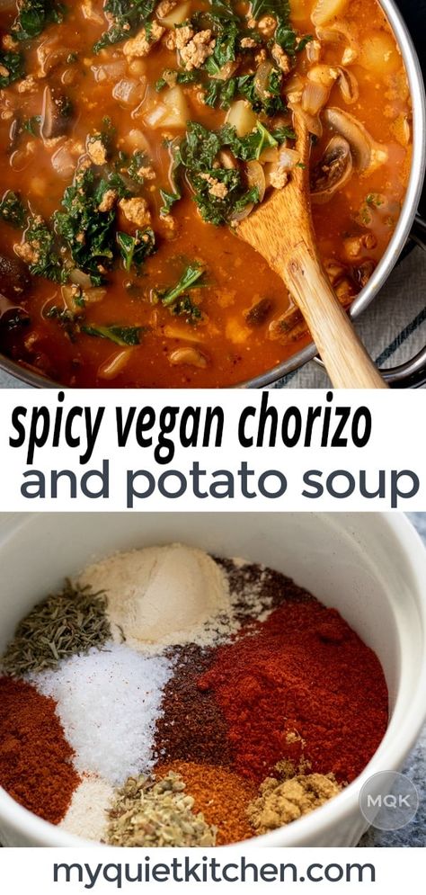 Vegetarian Chorizo Recipe, Vegan Chorizo Recipes Dinners, Chorizo Potato Soup, Spicy Vegan Soup, Soyrizo Chili, Vegan Chorizo Recipes, Soyrizo Recipes, Soup With Chorizo, Chorizo Potato