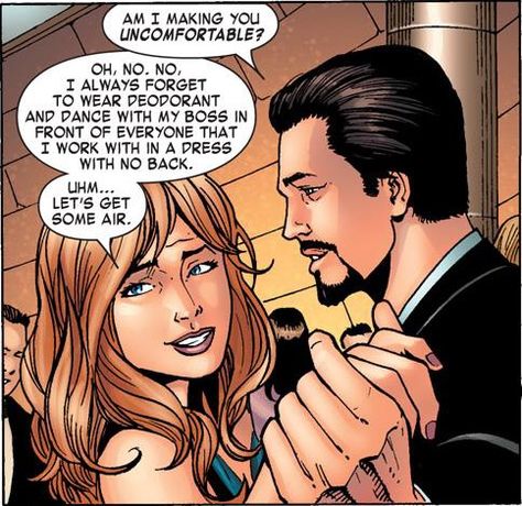 Tony and Pepper - the start of Pepperony. Pepper And Tony, Tony And Pepper, New Iron Man, Science Bros, Pepper Potts, Iron Man Captain America, Iron Man Tony Stark, Comics Girl, Avengers Funny