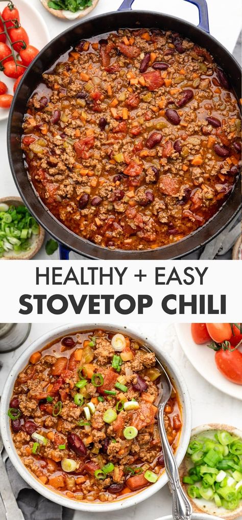 Easy Stovetop Chili Hop Recipes, Stovetop Chili Recipe, Stovetop Dinners, Easy Stovetop Chili Recipe, Healthy Chilli, Chili Recipe Stovetop, Stovetop Chili, Healthy Ground Beef, Fast Dinner Recipes