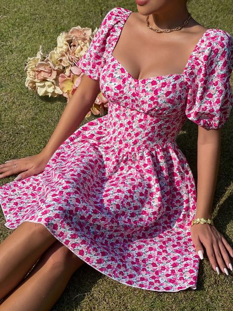 Pink Boho Collar Short Sleeve Woven Fabric Ditsy Floral A Line Embellished Non-Stretch  Women Clothing Pink Sundress Outfit, Square Neck Puff Sleeve Dress, Summer Dress Outfits Casual, Sundress Outfit, Short Sundress, Floral Dress Outfits, Pink Sundress, Sundresses Women, Chic Dress Classy