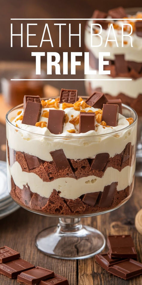 Treat yourself to a sweet sensation with Heath Bar Trifle! This decadent dessert features luscious layers of chocolate cake, whipped cream, and crunchy Heath bars, creating a delightful combination that will have everyone coming back for more! Toffee Trifle Recipes, Chocolate Heath Bar Trifle, Toffee Trifle Desserts, Heath Bar Dessert Recipes, Chocolate Trifle Desserts Easy, Heath Trifle, Heath Bar Trifle Recipe, Heath Bar Trifle, Heath Desserts